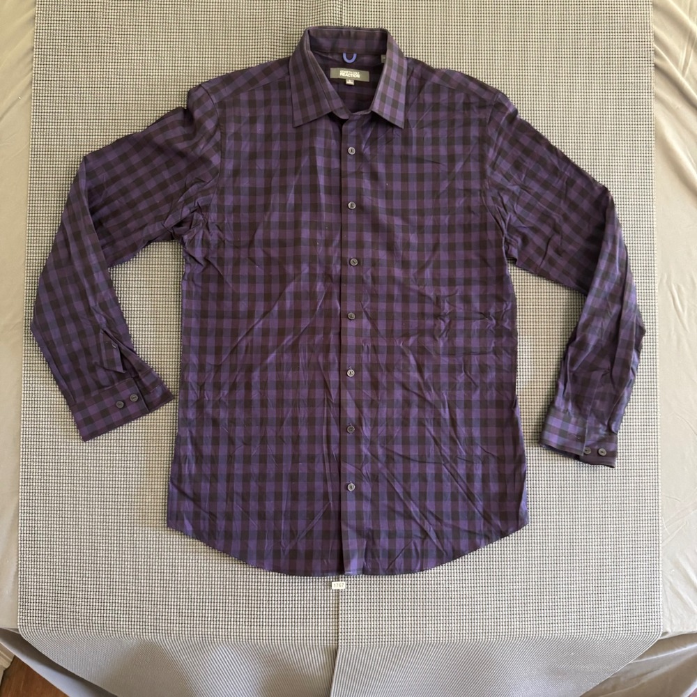 Kenneth Cole Reaction Mens Slim Fit Purple Gingham Dress Shirt 16 34-35 L
